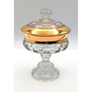 Indiana Glass Kings Crown Thumbprint Style Compote with lid and Gold Trim